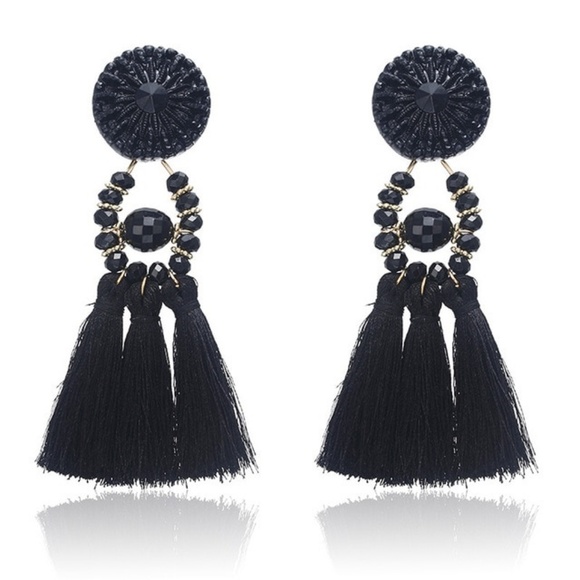 BE26 | Boho Black Beaded Dangle Tassel Earrings - Picture 2 of 3